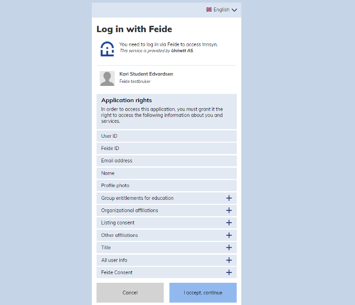 Screenshot of accepting application right in the Feide login page