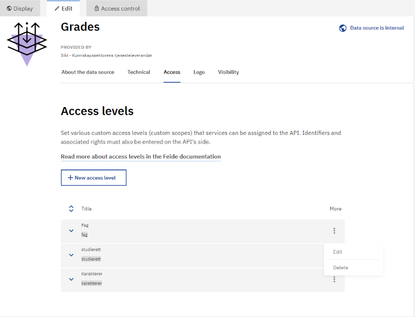 Screenshot showing context menu in Access level tab