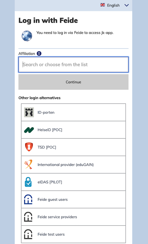 Screenshot showing organization selection page with "Other login alternatives" section.