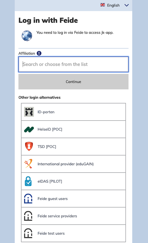 Screenshot of choose affiliation in Feide login page