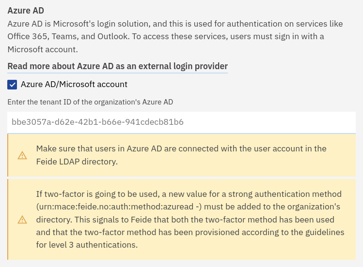 Screenshot of the login method configuration page in the Feide customer portal. The screenshot shows the "Azure AD" section. The checkbox for "Azure AD / Microsoft account" is checked. There is a tenant ID field with a placeholder value.