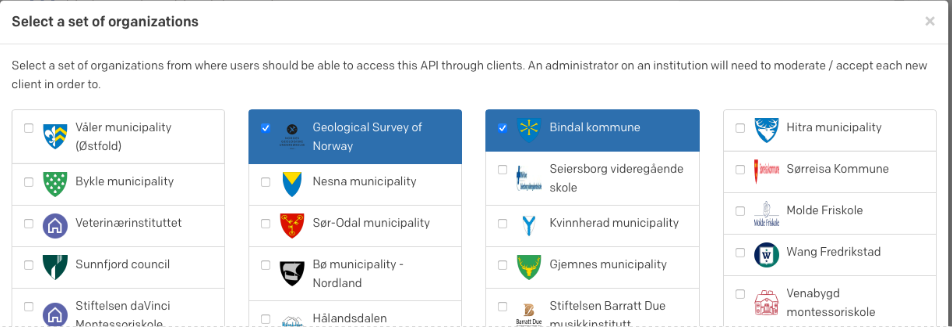 Screenshot of Select a set of organizations form