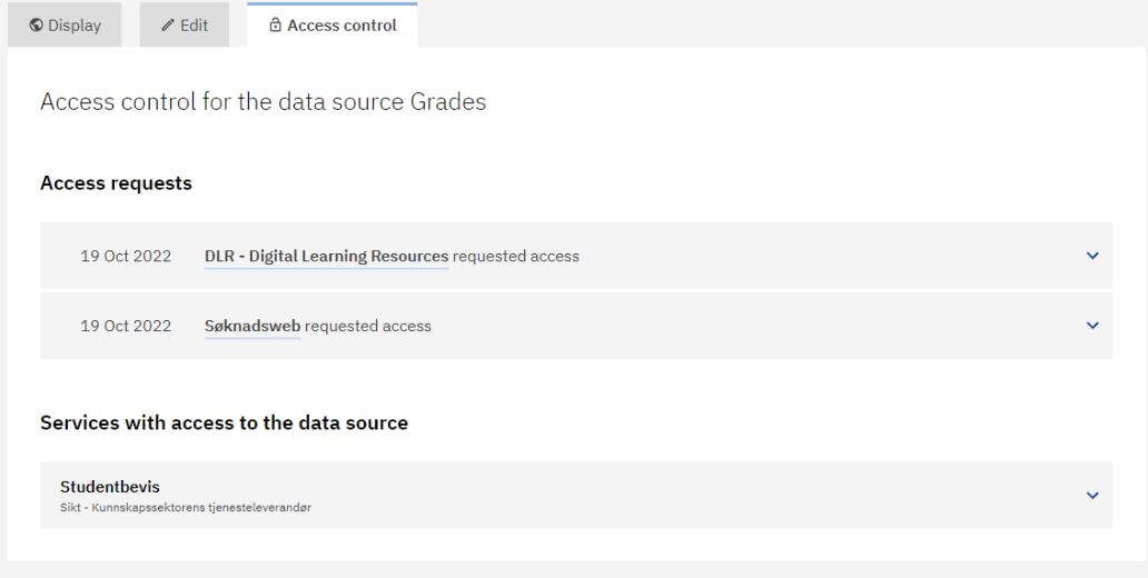 Screenshot of access control tab with services requesting or having access