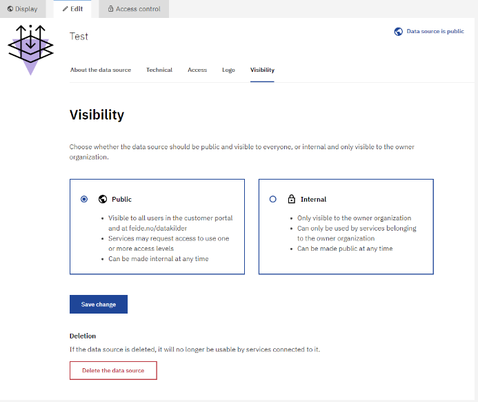 Screenshot of Edit/Visibility tab with Delete the data source button