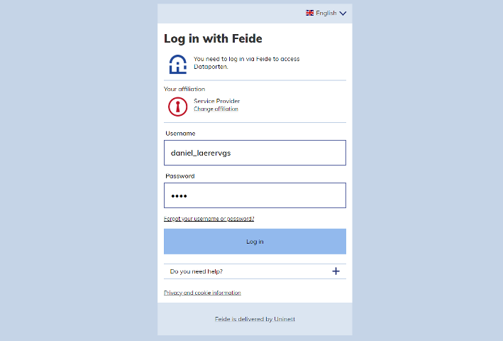 Screenshot of entering user credentials in Feide login page
