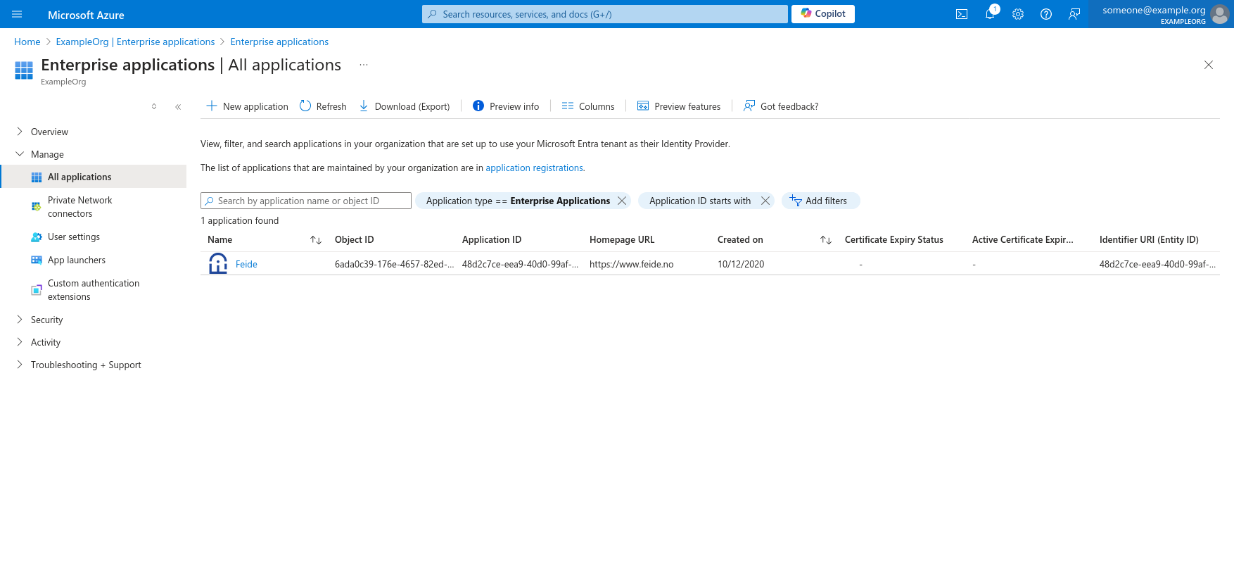 Screenshot of Microsoft Entra ID "Enterprise applications" page. Shows the "All applications" sub page. The Feide enterprise application is shown in the application list.