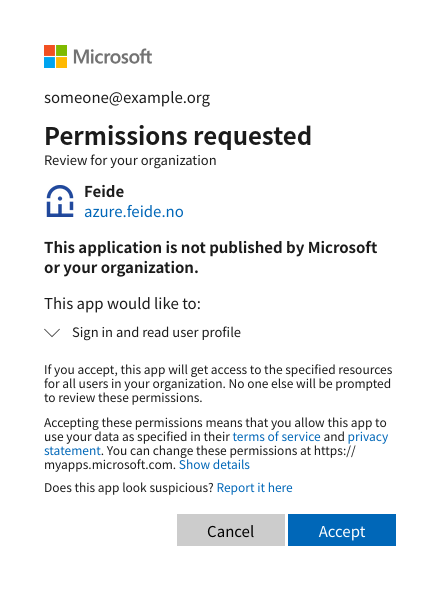 Screenshot of Microsoft login page page titled "Permissions requested". Shows the Feide application and that it requests permission to sign in and read user profile. There are two buttons, labeled "Cancel" and "Accept".