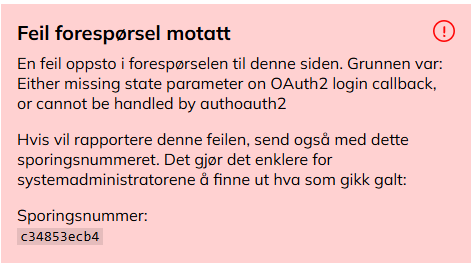 Screenshot of error page from Feide. The page contains a message that can be safely ignored.