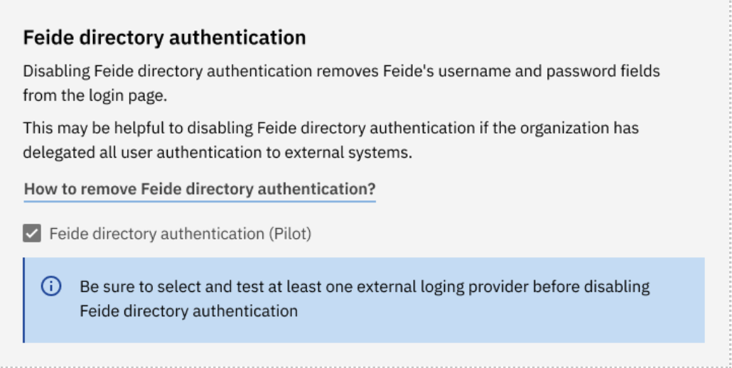 Screenshot showing checkbox for enabling Feide directory authentication