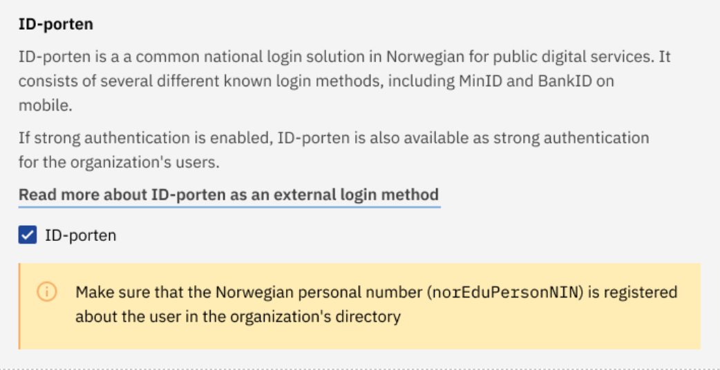 Screenshot showing checkbox for enabling ID-porten authentication