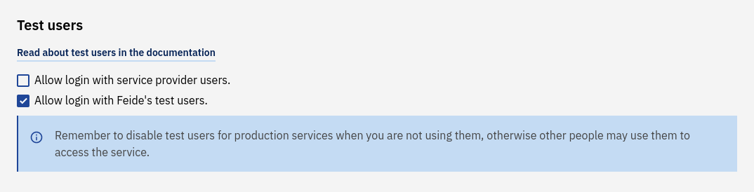 Screenshot of enabling Feide test users