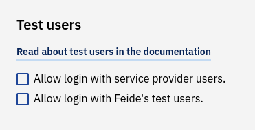 Screenshot of enabling Feide test users for OIDC-configuration