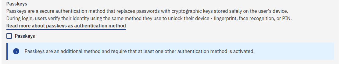 Screenshot showing checkbox for enabling Passkeys authentication
