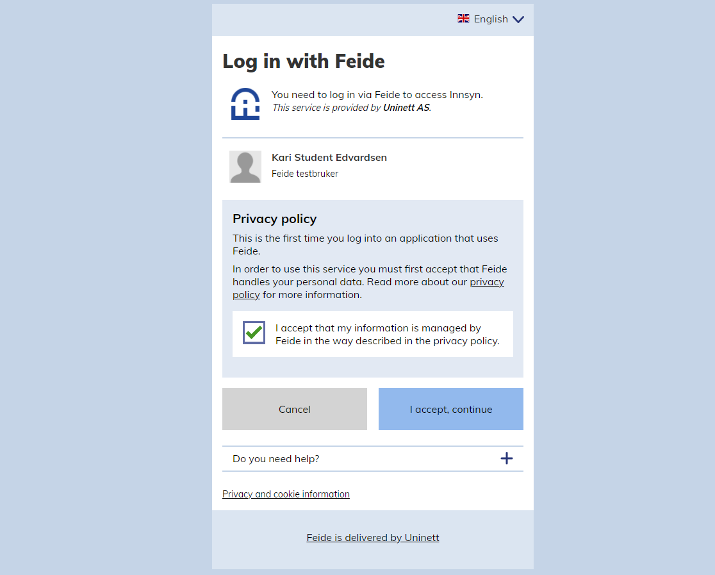 Screenshot of accepting privacy policy in the Feide login page