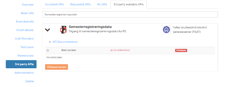 Screenshot of request access to Semester Registration Data