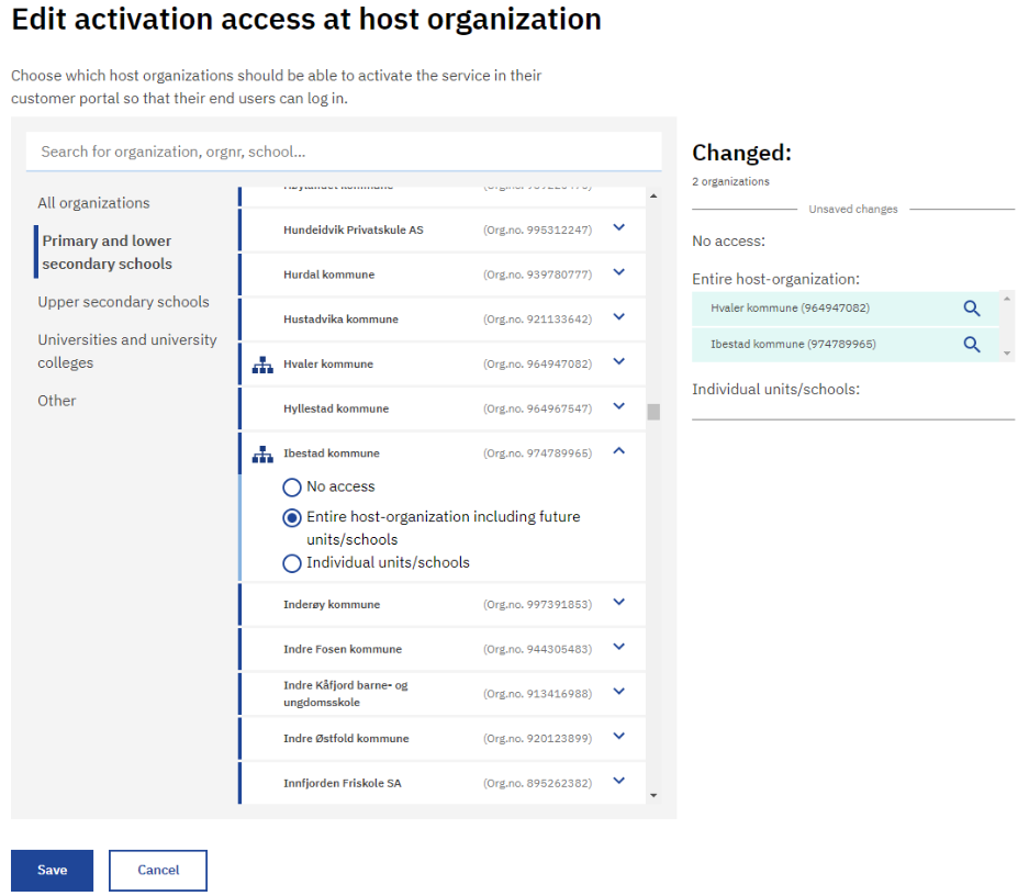 Screenshot of editing access to activate service