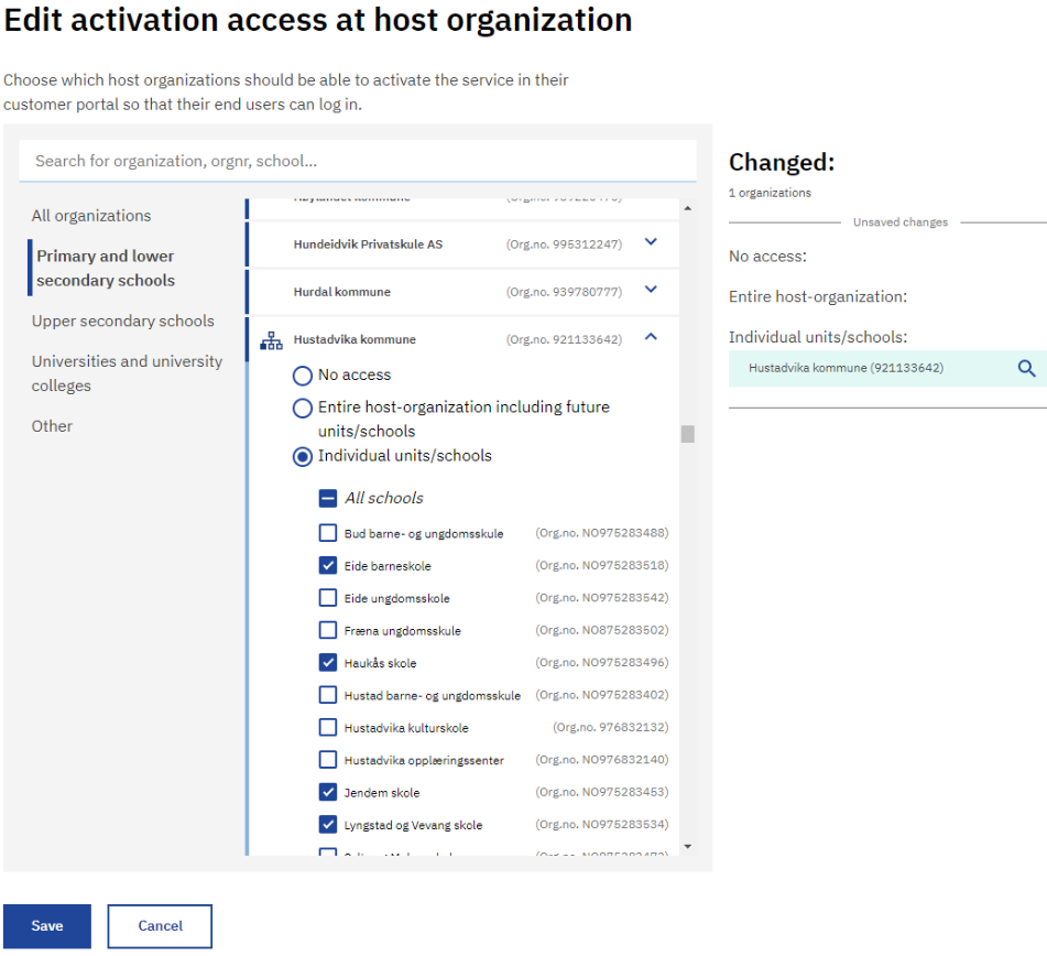 Screenshot of selected organizations granted access to activate service