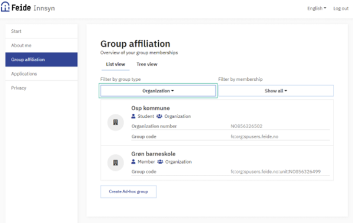 Screenshot of the Group Affiliation tab at innsyn.feide.no