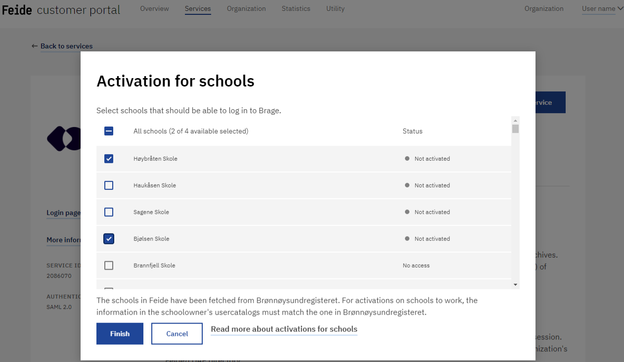 Screenshot of form for service activation by individual school